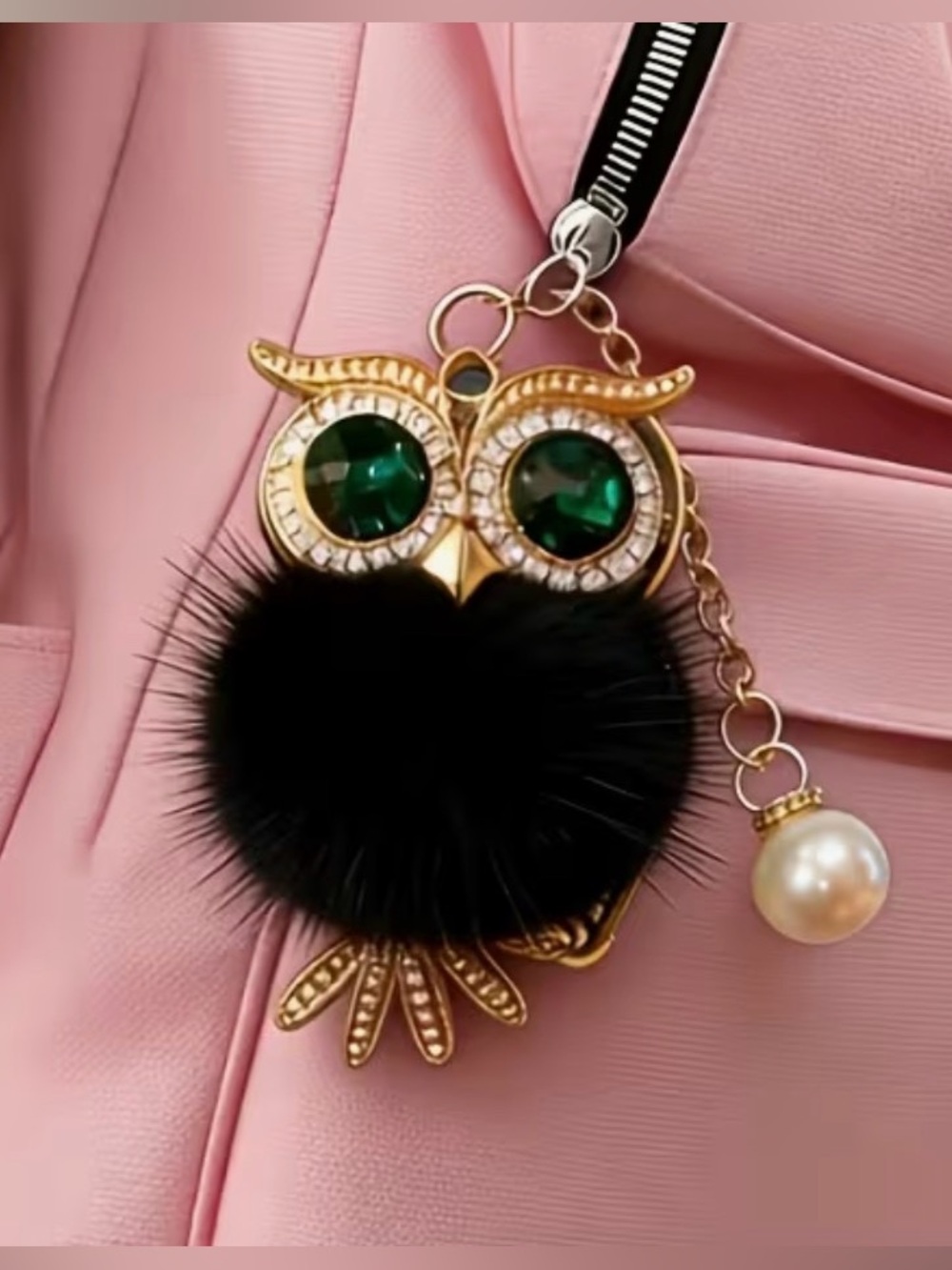 Gold Owl Keychain/Bag Charm with Emerald Eyes and Black Fur Pom